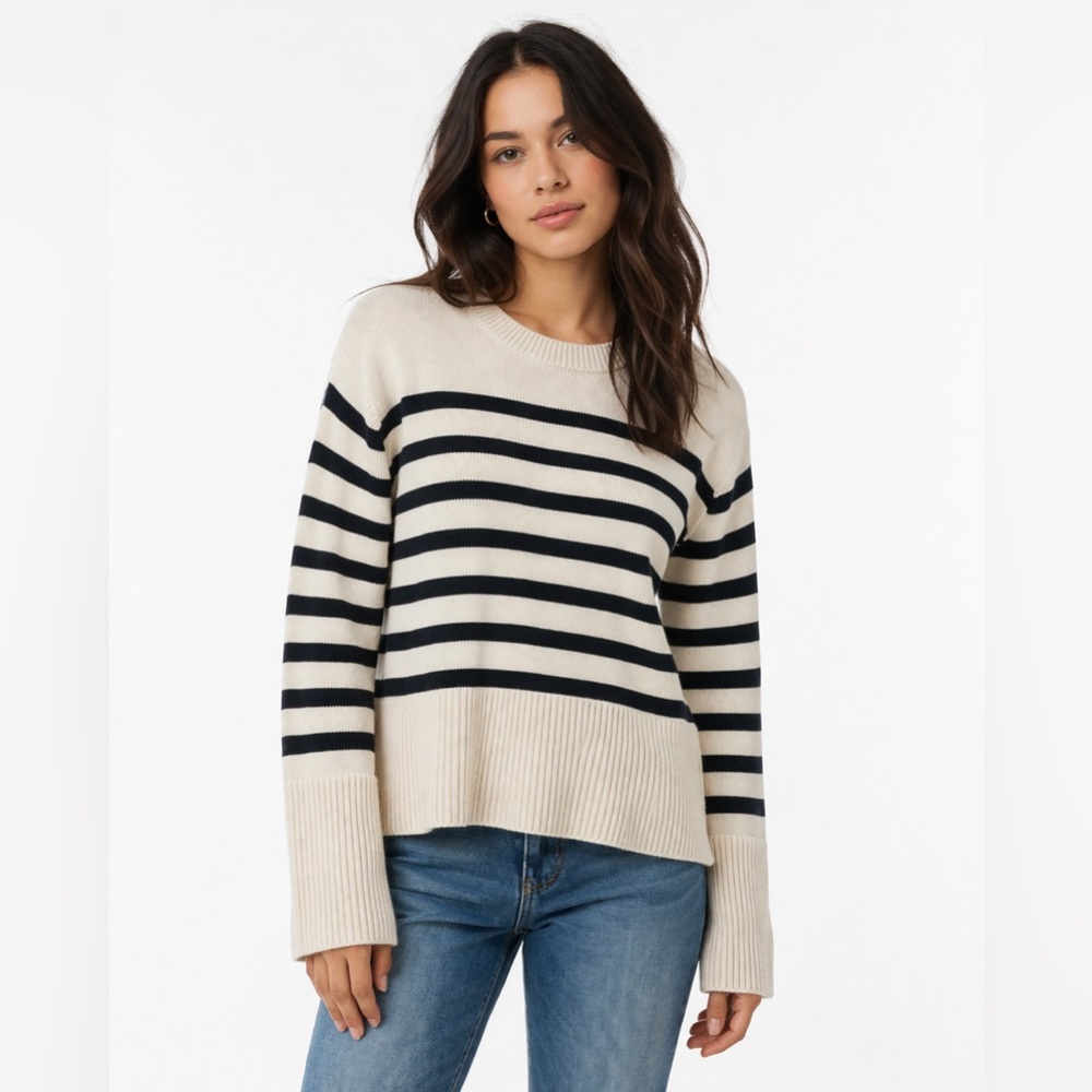 Striped Black and Cream Women's Cotton Knit Sweater